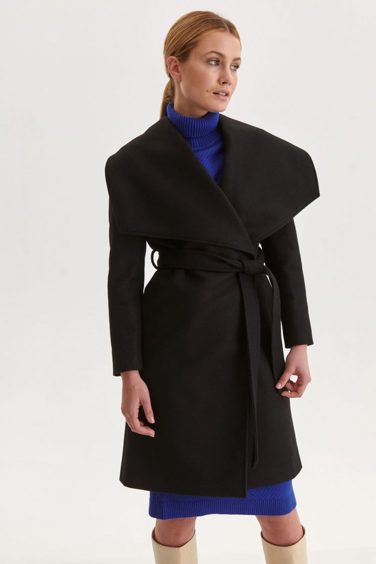 Palton din stofa negru cu croi larg accesorizat cu cordon - Top Secret