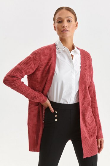 Cardigan tricotat roz-inchis cu buzunare - Top Secret