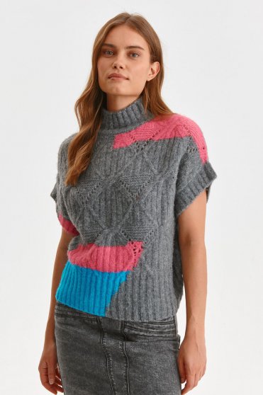 Pulover tricotat gri pe gat cu maneci scurte - Top Secret
