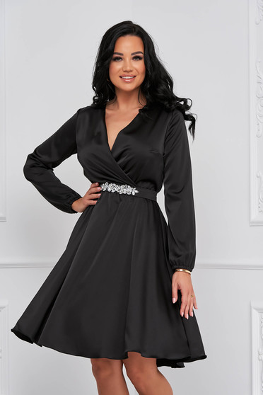 Black dress from satin fabric texture wrap over front short cut cloche - StarShinerS
