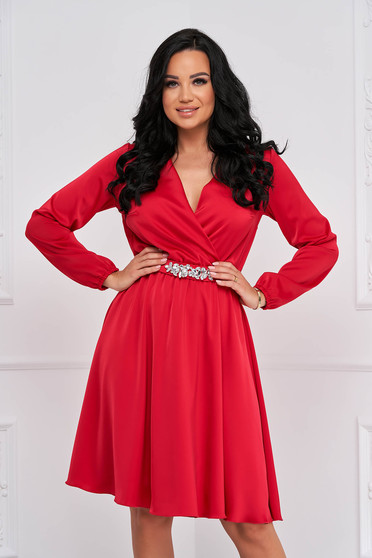 Red dress from satin fabric texture wrap over front short cut cloche - StarShinerS