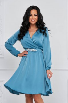 Turquoise Satin Short A-Line Dress with Crossover Neckline - StarShinerS