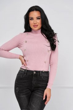 Pink sweater cotton from striped fabric high collar with decorative buttons