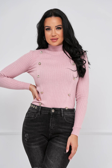 Casual jumpers, Pink sweater cotton from striped fabric high collar with decorative buttons - StarShinerS.com