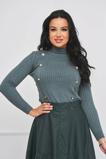 Casual jumpers, Khaki sweater cotton from striped fabric high collar with decorative buttons - StarShinerS.com