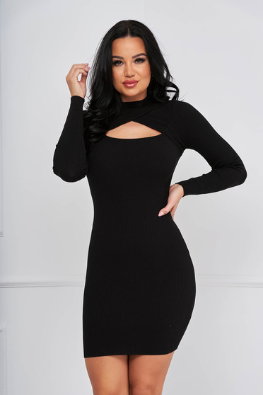 Knitwear dresses, Black dress knitted short cut pencil with cut out material - StarShinerS.com
