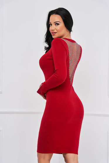 Knitwear dresses, Red dress knitted short cut pencil with cut back with crystal embellished details - StarShinerS.com