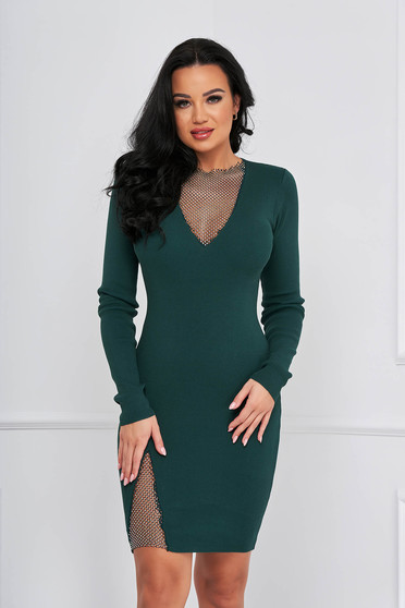 Knitwear dresses, Darkgreen dress knitted short cut pencil with crystal embellished details - StarShinerS.com