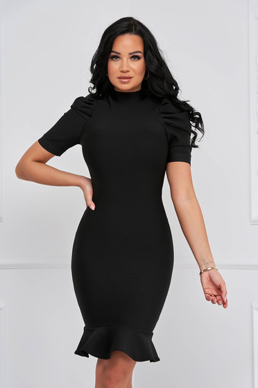 Black dress pencil high collar from elastic fabric high shoulders