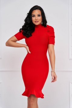 Red dress pencil high collar from elastic fabric high shoulders