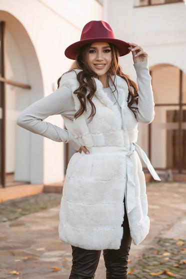 Coats & Jackets, Ivory gilet from ecological fur with pockets with undetachable hood - StarShinerS.com