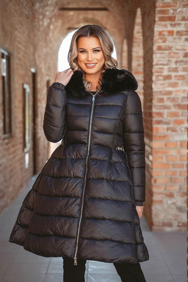 Coats & Jackets, Black jacket from slicker midi fur collar baby-doll type - StarShinerS.com