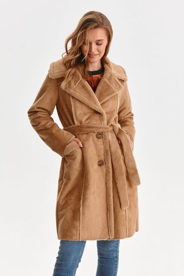Paltoane dama online drepte, Palton din piele intoarsa ecologica maro-deschis cu un croi drept - Top Secret - StarShinerS.ro