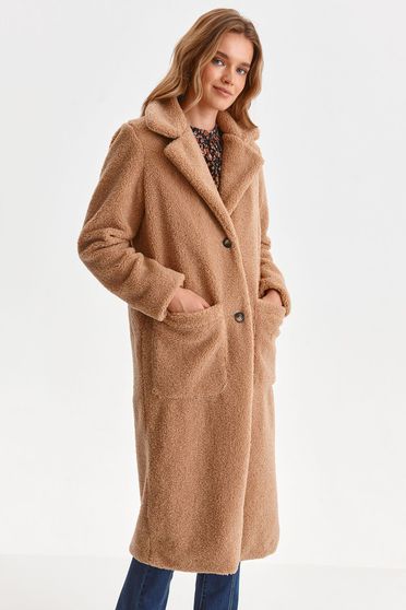 Paltoane dama online, Palton din material pufos nude cu un croi drept - Top Secret - StarShinerS.ro