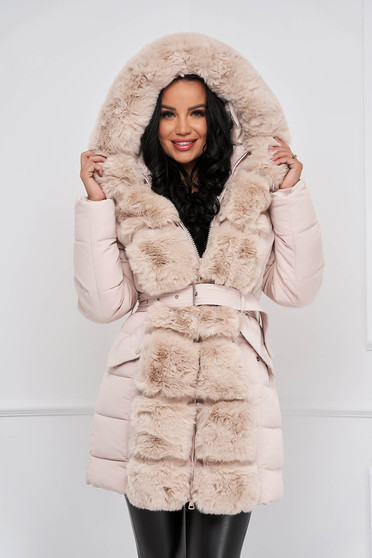 Jackets, Beige jacket from slicker midi tented with faux fur accessory - StarShinerS.com