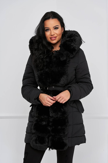 Jackets, Black jacket from slicker midi tented with faux fur accessory - StarShinerS.com