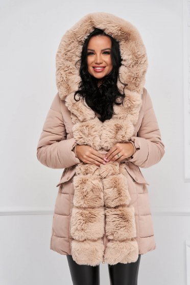 Sales jackets, Nude jacket from slicker midi tented with faux fur accessory - StarShinerS.com