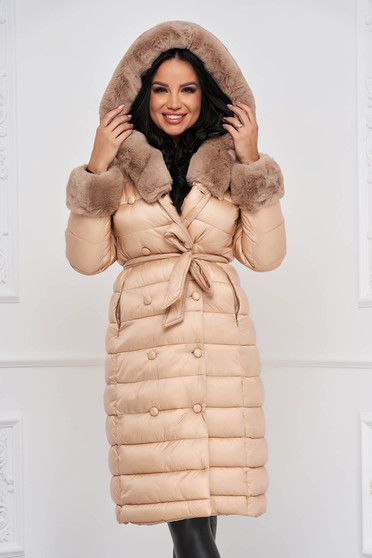 Jackets, Nude jacket from slicker with furry hood with ecological fur cuffs - StarShinerS.com