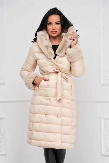 Jackets, Beige jacket from slicker with furry hood with ecological fur cuffs - StarShinerS.com