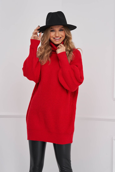 Sweaters, Red sweater knitted loose fit high collar - StarShinerS.com