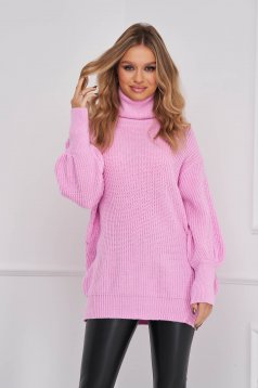 Pulover din tricot roz-deschis cu croi larg si guler inalt - SunShine