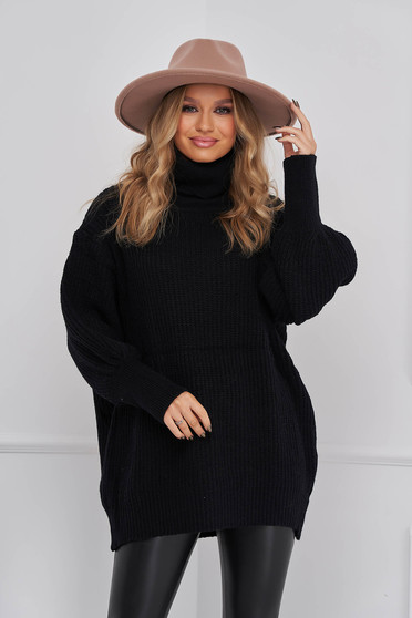 Casual jumpers, Black sweater knitted loose fit high collar - StarShinerS.com