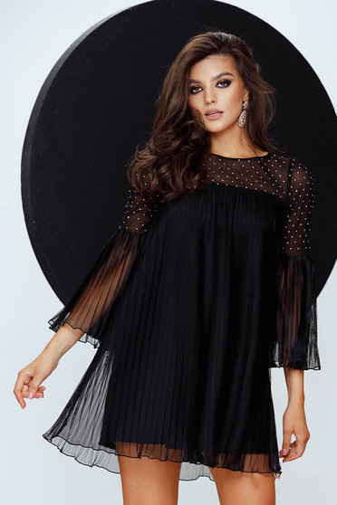 Black dress from tulle short cut loose fit with crystal embellished details