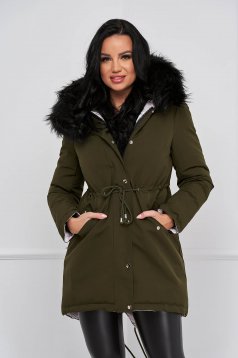 Khaki jacket from slicker with furry hood double-faced