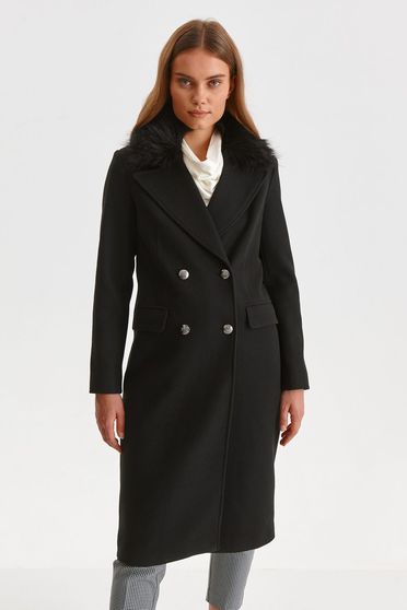 Paltoane dama online largi, marimea XL, Palton din stofa negru lung cu guler din blana - Top Secret - StarShinerS.ro
