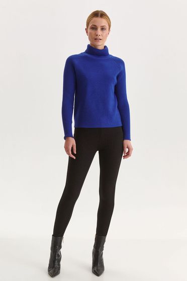 Blue sweater knitted loose fit high collar raised pattern
