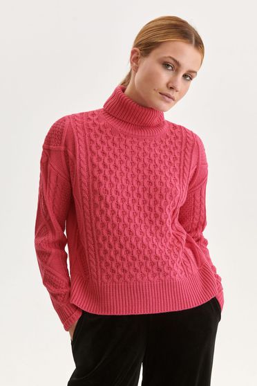 Pink sweater knitted loose fit high collar