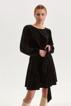 Rochie din catifea neagra scurta in clos cu elastic in talie accesorizata cu cordon - Top Secret