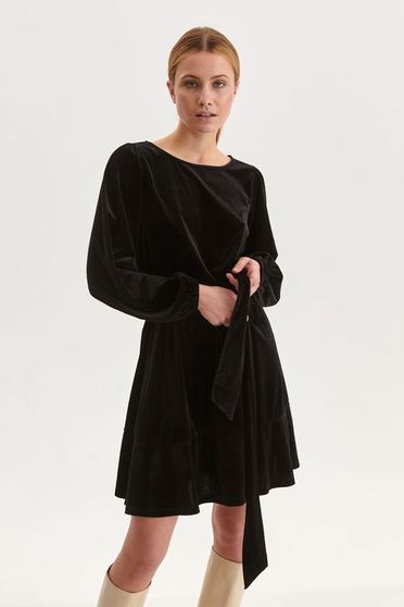 Rochie din catifea neagra scurta in clos cu elastic in talie accesorizata cu cordon - Top Secret