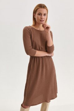 Brown dress knitted midi raised pattern lateral pockets cloche with elastic waist
