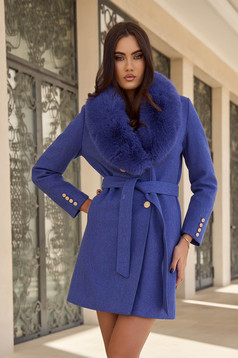 Palton din lana albastru cambrat cu guler detasabil din blana ecologica - SunShine