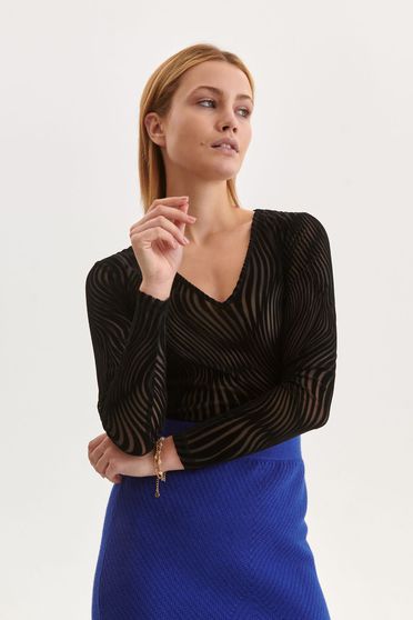Black sweater from elastic fabric with tented cut with v-neckline