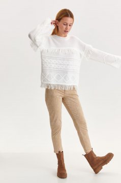 White sweater knitted raised pattern loose fit fringes