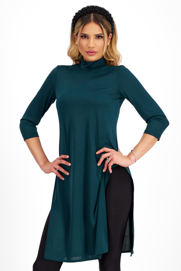 Women's Dark Green Lycra Long Sleeve Fitted Blouse with High Neck and Side Slit - StarShinerS
