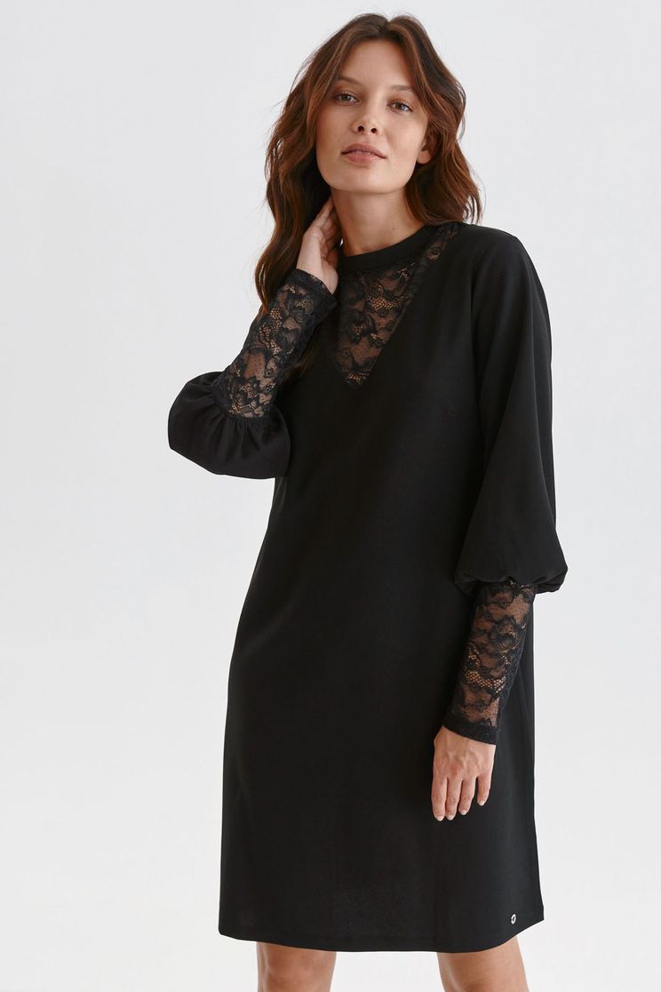 Online Dresses, Black dress laced from elastic fabric short cut a-line with puffed sleeves - StarShinerS.com