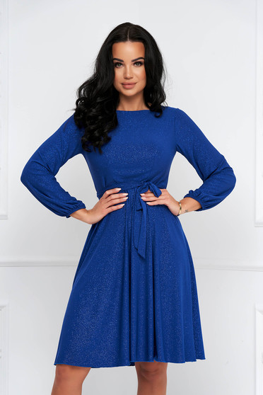 Rochie din georgette cu aplicatii cu sclipici albastra midi in clos cu elastic in talie