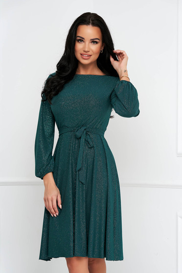 Green dress georgette midi cloche with elastic waist with glitter details
