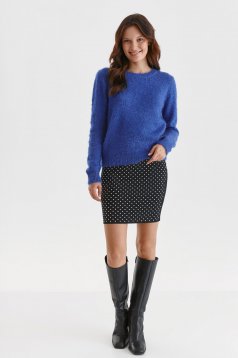Blue sweater knitted loose fit from fluffy fabric with rounded cleavage