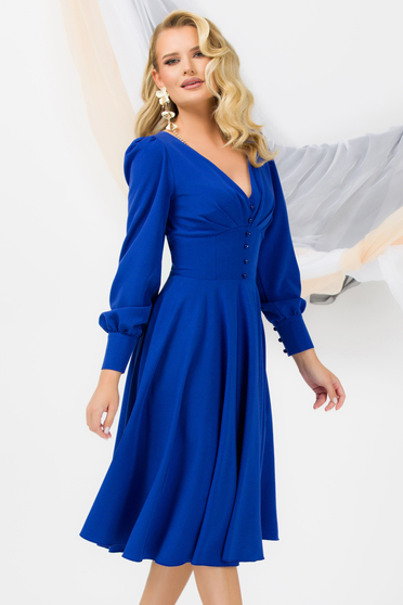 Elegant dresses, Blue dress midi cloche with v-neckline with decorative buttons slightly elastic fabric - StarShinerS.com