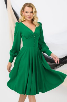 Rochie din stofa usor elastica verde midi in clos cu decolteu in v si nasturi decorativi - PrettyGirl