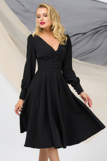 Rochii online negre clos, Rochie din stofa usor elastica neagra midi in clos cu decolteu in v si nasturi decorativi - PrettyGirl - StarShinerS.ro