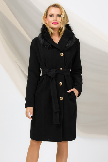 Palton din stofa negru cu un croi drept si guler detasabil din blana ecologica - PrettyGirl
