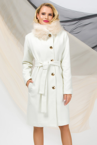 Paltoane dama online, Palton din stofa ivoire cu un croi drept si guler detasabil din blana ecologica - PrettyGirl - StarShinerS.ro