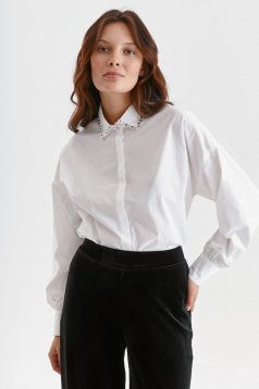 White women`s shirt poplin loose fit with crystal embellished details