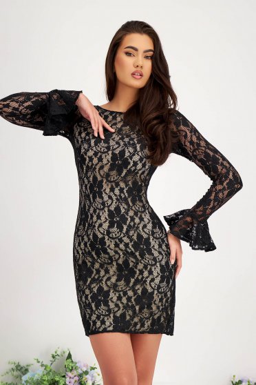 New Year`s Eve Dresses, - StarShinerS black dress laced bareback pencil with bell sleeve - StarShinerS.com