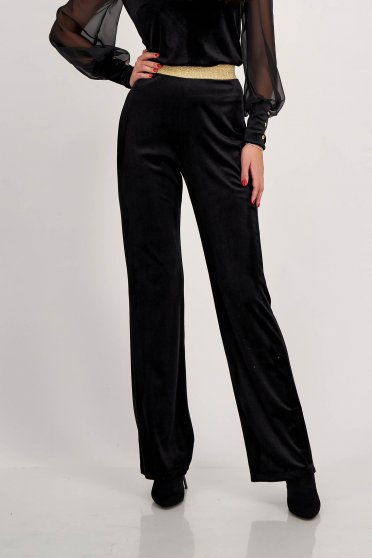 Velvet Black Long Flared High-Waisted Trousers with Elastic Waistband - StarShinerS